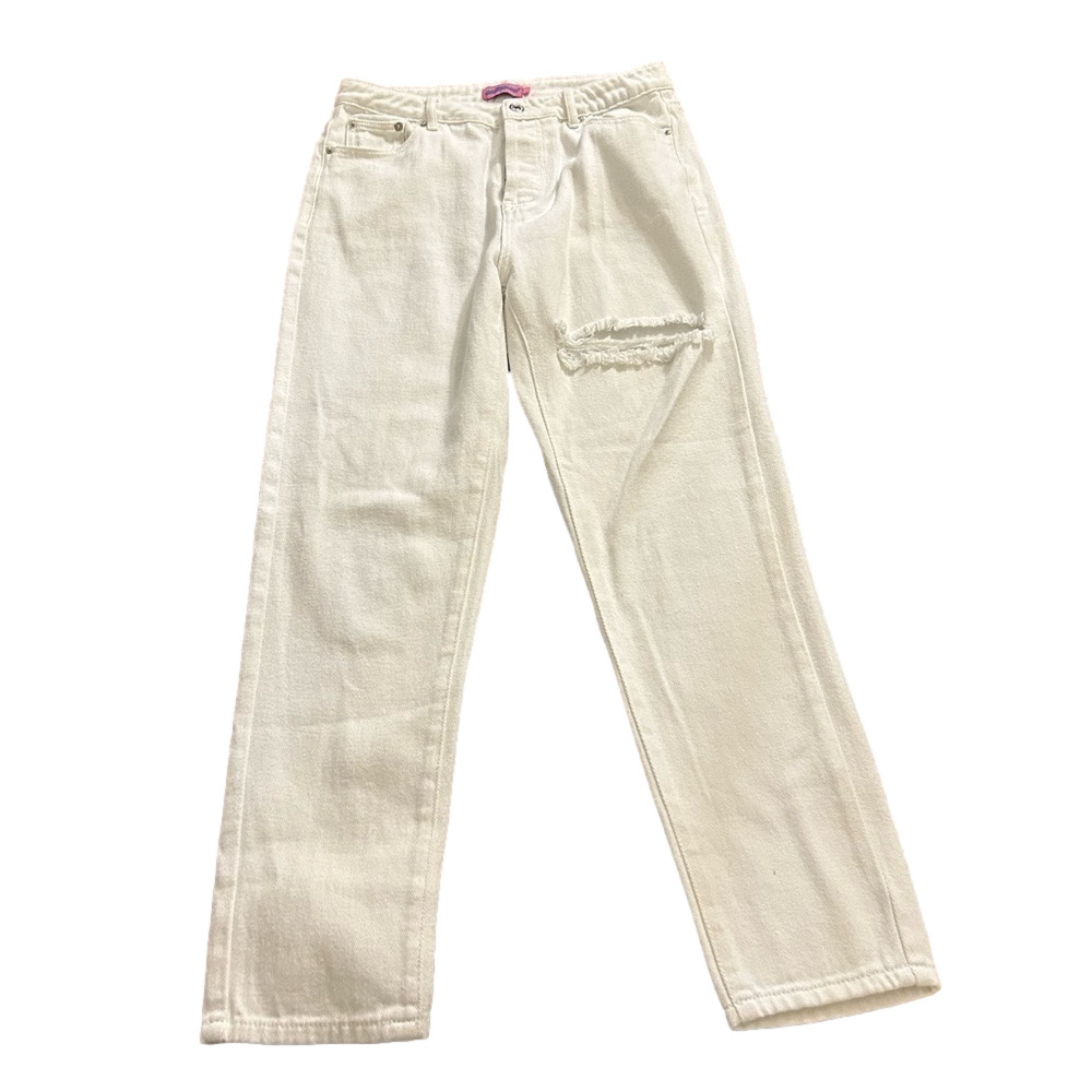 Edikted White Straight Leg Jeans with Distressed Knee